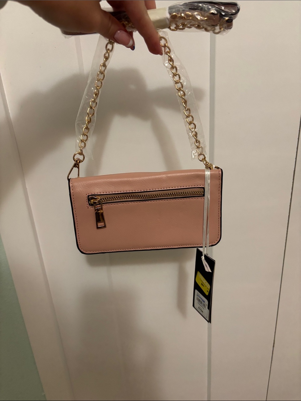 Macy's Blush Pink Crossbody Wallet with Gold Chain Strap